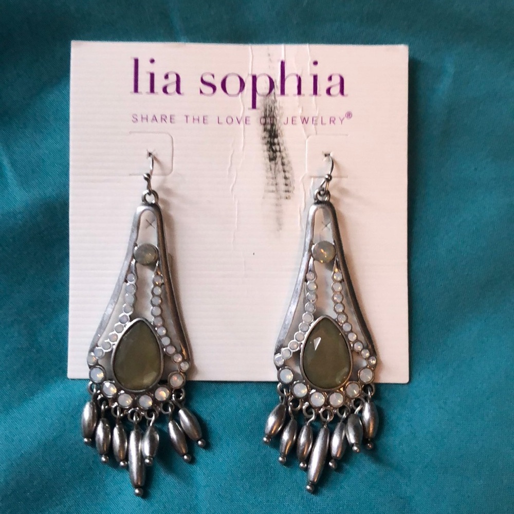 Lia Sophia Silver Tone Chandelier Drop Earrings with Olive Green Stones - Picture 2 of 2